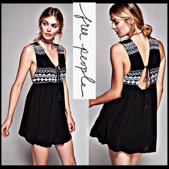 FREE PEOPLE SIMPLY BLACK EMBROIDERED MINI DRESS XS - Picture 2 of 9